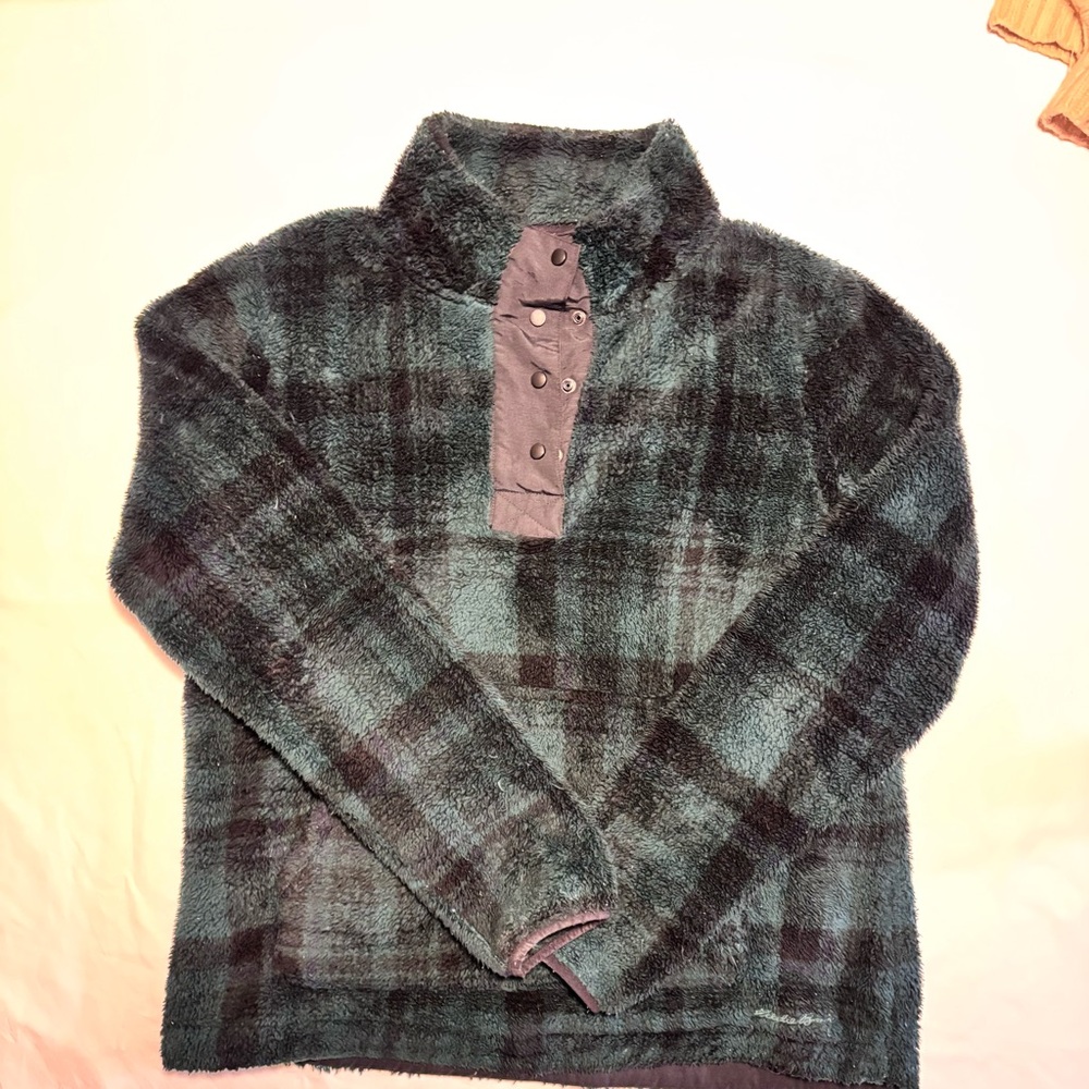 Eddie Bauer Women’s Plaid Fleece Sweater - Teal and Black